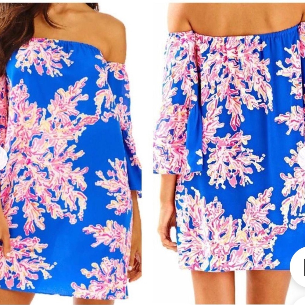 Lilly Pulitzer Blue Off-Shoulder Dress with Pink Floral Pattern- XXS